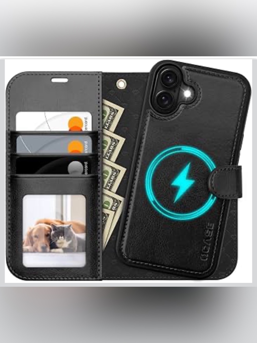 iPhone 17 Detachable Wallet Case MagSafe Vegan Leather Black Shockproof RFID